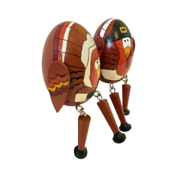 2 Pilgrim Turkey Shelf Sitters Handmade Folk Art Wooden Egg Movable Legs - Picture 5 of 13